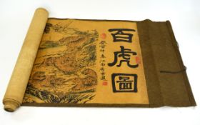 A Large Vintage Chinese Printed Silk Scroll Long scroll depicting a multitude of tigers amongst