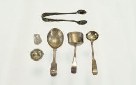 A Collection of Antique Silver Caddy Spoons, Thimble, Sugar Nips etc ( 6 ) Items In Total. Comprises