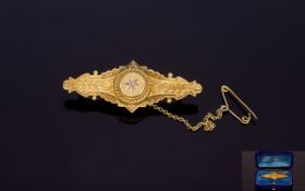 Victorian Period 15ct Gold Diamond Set Ornate Brooch with Attached 15ct Gold Safety Chain. Fully