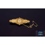 Victorian Period 15ct Gold Diamond Set Ornate Brooch with Attached 15ct Gold Safety Chain. Fully