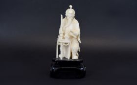Chinese Nice Quality Carved Ivory Figure. c.1900 of a Noble Man ( Dressed In Warriors Robes ) Seated
