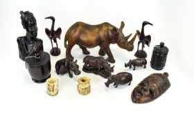 Mixed Lot Comprising Carved African Bust, Animals, Turned Bowl And Cover, Two Horn Candle Holders