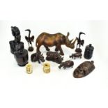 Mixed Lot Comprising Carved African Bust, Animals, Turned Bowl And Cover, Two Horn Candle Holders