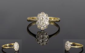 Ladies Antique 9ct Gold and Platinum Set Diamond Cluster Ring. Marked 9ct and Plat. Small Ring Size.