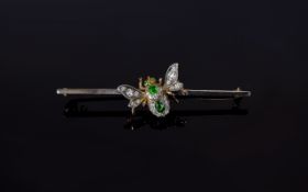 Victorian 15ct Gold Diamond Bug Brooch, Modelled In The Form Of A Bumble Bee, Having An Emerald