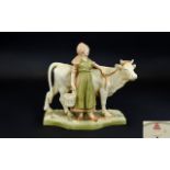 Royal Dux Figure ' Milk Maid and Cow ' c.1900. Pink Triangle and Model No 830, To Underside of