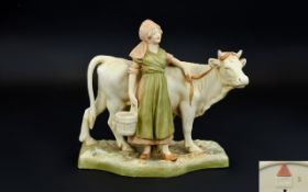Royal Dux Figure ' Milk Maid and Cow ' c.1900. Pink Triangle and Model No 830, To Underside of