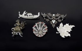 A Collection of Vintage Silver / Stone Set / Enamel Brooches ( 5 ) In Total. All Fully Hallmarked.