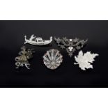 A Collection of Vintage Silver / Stone Set / Enamel Brooches ( 5 ) In Total. All Fully Hallmarked.