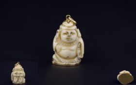 Antique Period - Well Carved Ivory Buddha Figure Pendant, Set In High Ct Gold Mounts - Please See