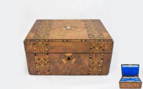 Victorian Period Tunbridge Ware Burr Walnut Veneer Ladies Sewing Lidded Box with Extensive Inlay