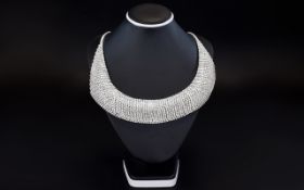 White Crystal Collar Style Necklace, the front comprising multiple rows of small, clear crystals set
