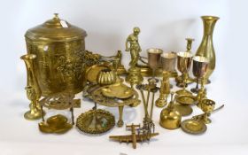 Quantity of Brass Ware including candlesticks, figure, irons, fire accessories, coal bucket,