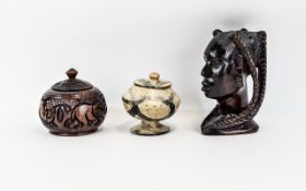 Small Mixed Lot Comprising African Carved Ebony Wood Bust,
