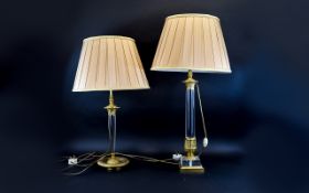 A Pair of Contemporary Brass and Glass Table Lamps with Pink Silk Shades. Excellent Condition.