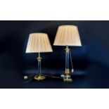 A Pair of Contemporary Brass and Glass Table Lamps with Pink Silk Shades. Excellent Condition.