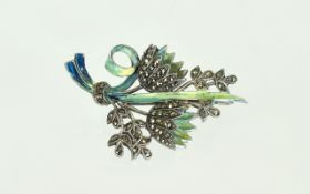 Art Deco Period Elegant Silver and Enamel Brooch Set In The Form of Tulips, The Blue and Green