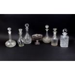 Collection of Various Glass Decanters (6) in total. Together with a ruby glass pedestal dish.