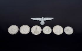 Collection Of Six German Nazi Silver Coins 4 x 5 Reichs Mark 2 x 2 Reichs Mark Coins,