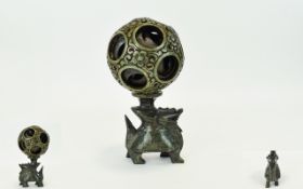 Chinese - Antique Spinach Jade and Metal Puzzle Ball, Raised on Spinach Jade., Figural Mythical