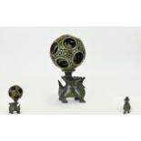 Chinese - Antique Spinach Jade and Metal Puzzle Ball, Raised on Spinach Jade., Figural Mythical