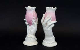 A Pair of Vintage Ceramic Nice Quality Pink Lily Hand Vases. Unmarked to Base. Each Vase Stands 8