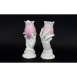 A Pair of Vintage Ceramic Nice Quality Pink Lily Hand Vases. Unmarked to Base. Each Vase Stands 8