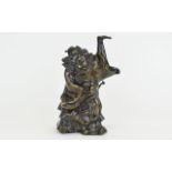 Japanese - Early 20th Century Heavy Bronze Mythical Figure Holding an Object In His Left Hand