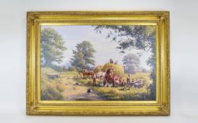 Ronald Moseley 1931 ' Gathering The Hay Harvest ' Workers Resting - Oil on Canvas. Signed. Excellent