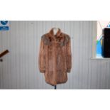 Vintage Rabbit Fur And Leather Jacket Mid length coat in apricot/brown coney fur with tan leather
