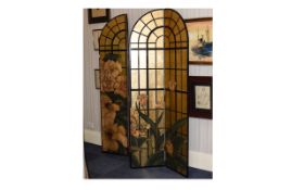 Four Panel Screen Large contemporary oriental style room divider in black lacquered wood with pale