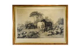 Equestrian Interest Antique Framed Print Of An Etching 'Waiting For The Ferryboat' Large print