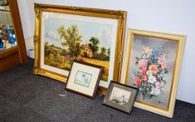 A Collection Of Framed Prints And Watercolours Four in total to include large print of rural farm