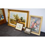 A Collection Of Framed Prints And Watercolours Four in total to include large print of rural farm