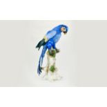 Samson - Late 19th Century German Large Ceramic Hand Painted Bird Figure - Blue Parrot on a Perch.