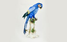 Samson - Late 19th Century German Large Ceramic Hand Painted Bird Figure - Blue Parrot on a Perch.