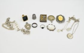 Small Mixed Lot Of Silver/White Metal Comprising Coin Pendant, Chain And Ingot, Thimble, Brooches,