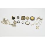 Small Mixed Lot Of Silver/White Metal Comprising Coin Pendant, Chain And Ingot, Thimble, Brooches,