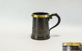 Early Victorian Quart Pewter Drinking Tankard with Brass Rim, Marked with Crown, Over V.
