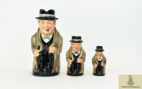 Royal Doulton Set of Three Winston Churchill Character Jugs. Designer Harry Fenton. Sizes-large 9