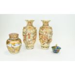 Pair Of 20thC Satsuma Vases Height 10 Inches. Together With A Jar And Cover & A Small Cloisonne Bowl