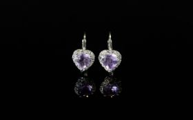 Rose de France Amethyst and White Topaz Heart Shaped Drop Earrings, the heart cut amethysts framed