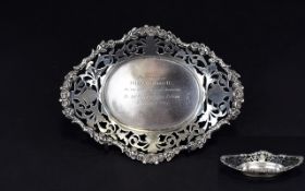 Edwardian Silver Open worked - Sweetmeat Dish, With Very Ornate Encrusted Floral Shaped Border.