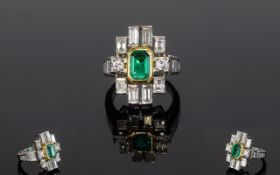 Ladies Platinum Set 1950's Stunning Emerald and Diamond Cocktail Ring set with a central mounted