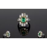 Ladies Platinum Set 1950's Stunning Emerald and Diamond Cocktail Ring set with a central mounted