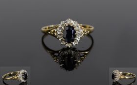 Ladies 9ct Gold Set Sapphire and Diamond Ring. Fully Hallmarked, The Single Sapphire Surrounded by