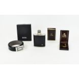 A Boxed Brand New Hugo Boss Belt Along with A Vintage Colibri Lighter And Stainless Steel Hip Flask