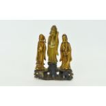 Chinese Early Finely Carved 19th Century Soapstone Group Figure of Three Bearded Immortals, One