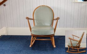 Blonde Ercol - Retro Small Fine Spindle Back Rocking Chair with Upholstered Tie / on Cushions to