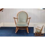 Blonde Ercol - Retro Small Fine Spindle Back Rocking Chair with Upholstered Tie / on Cushions to